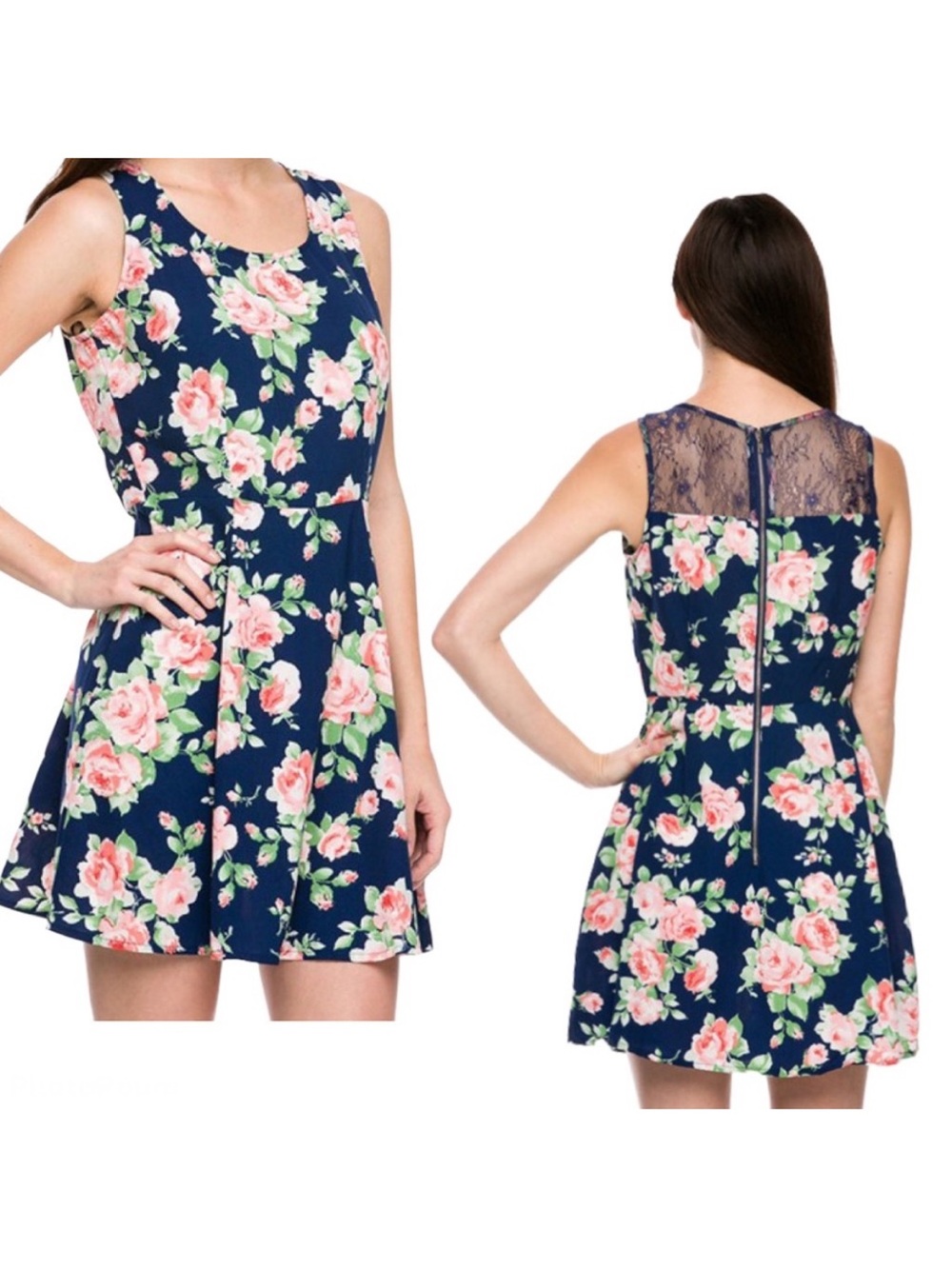 Floral Print Lace Back Fit & Flare Mini Dress Navy Blue Pink Spring Summer Chic